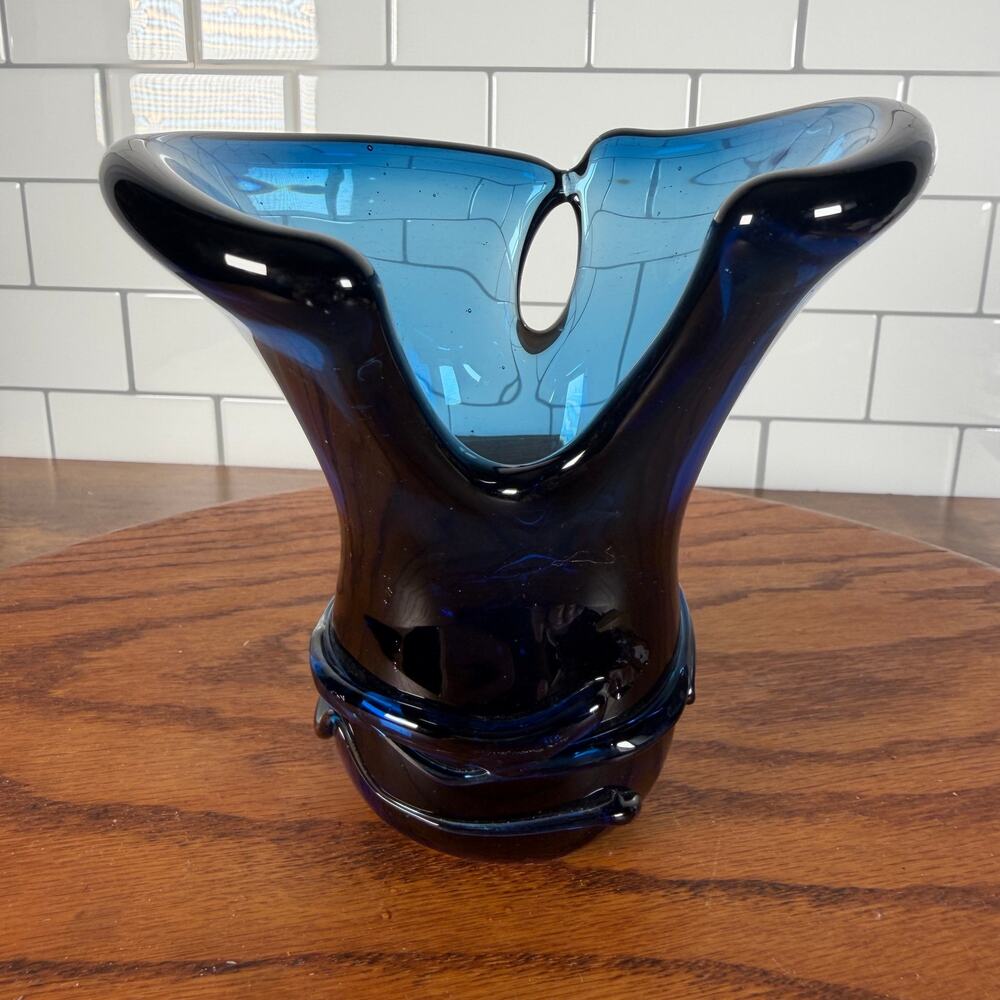 Vintage Blue Freeform Ruffled Hand Blown Vase -1994